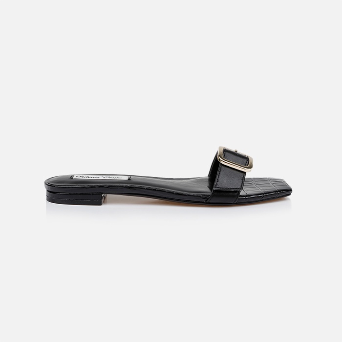 Black Kid Leather Flat Sandal - Main View