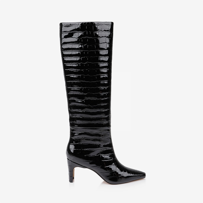 Black leather knee boot - Main View