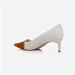 Cream Mixed Kid Suede Middle Heel Pump - Detail View