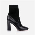 Beige Cow Leather & Knit Square Heel Boot - Main View