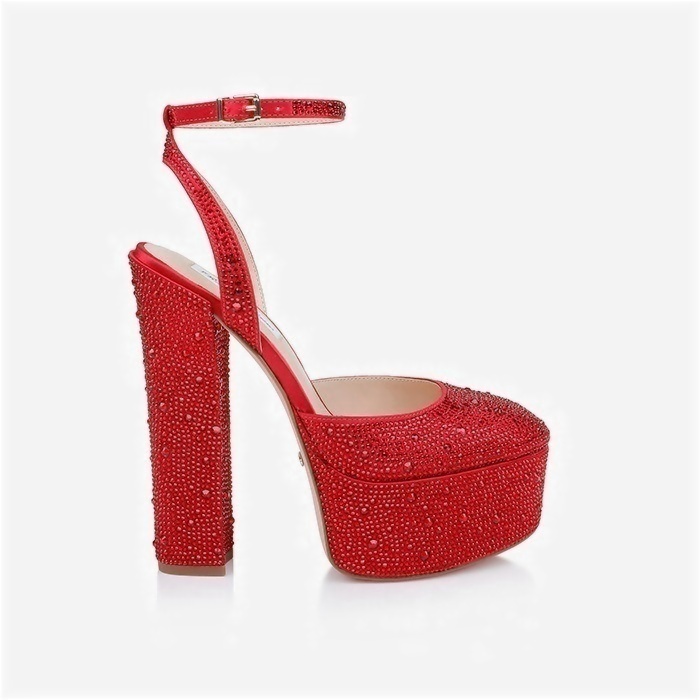 Racing Red Crystal Satin & Hotfix Block Heel Sandal - Main View