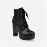 Black Cow Leather & Fabric Block Heel Boot - Side View
