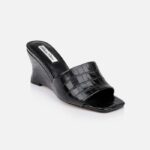 Black Croc Leather Wedge Sandal - Side View