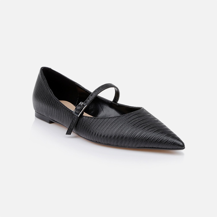 Black Lizard Leather Flat - Side View