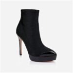 Black Lycra & Patent Leather Stiletto Pointed Toe Boot - Side View