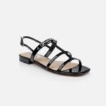 Black Patent Kid Leather Flat Sandal - Side View