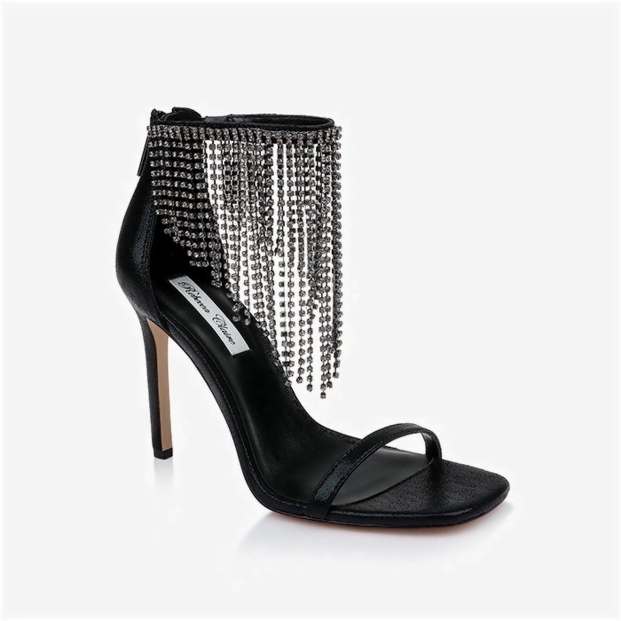 Black Shimmer Sand Fabric & Crystal Chain Stiletto Sandal - Side View