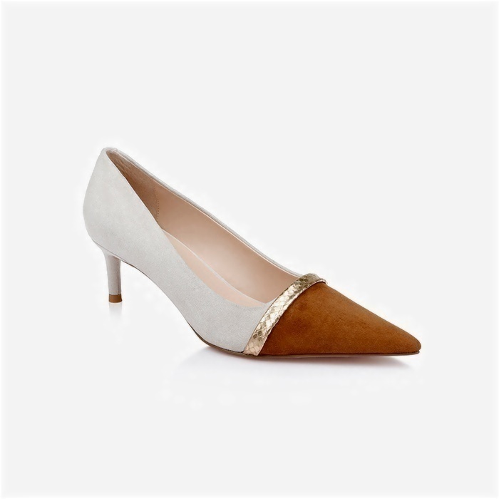 Cream Mixed Kid Suede Middle Heel Pump - Angle View