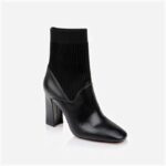 Beige Cow Leather & Knit Square Heel Boot - Side View