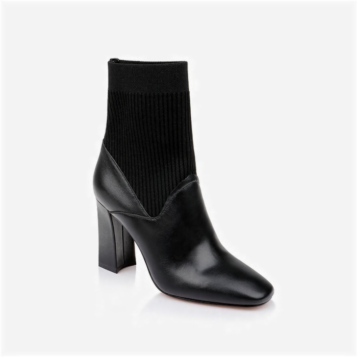 Beige Cow Leather & Knit Square Heel Boot - Side View