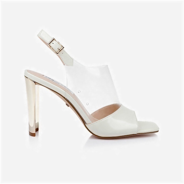 Beige Patent Lea & Transparent TPU Electronic Heel Sandal - Close-up View