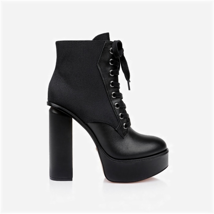 Black Cow Leather & Fabric Block Heel Boot - Back View