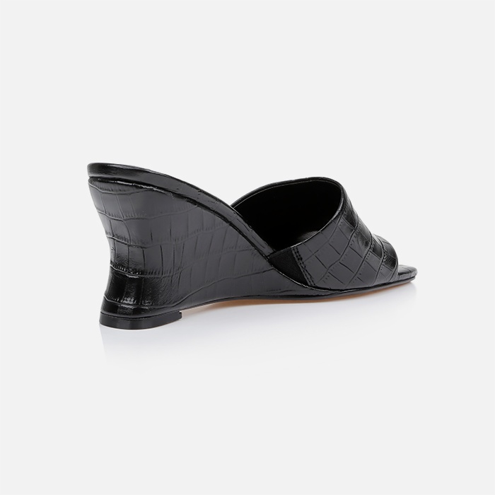 Black Croc Leather Wedge Sandal - Back View