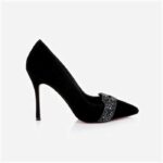 Black Kid Suede & Hotfix Stiletto Pump - Close-up View