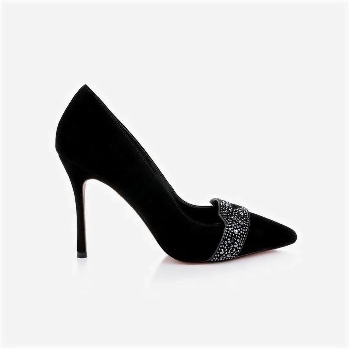 Black Kid Suede & Hotfix Stiletto Pump - Close-up View