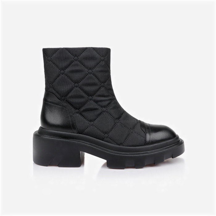 Black Plaid Fabric & Cow Leather Booty - Back View