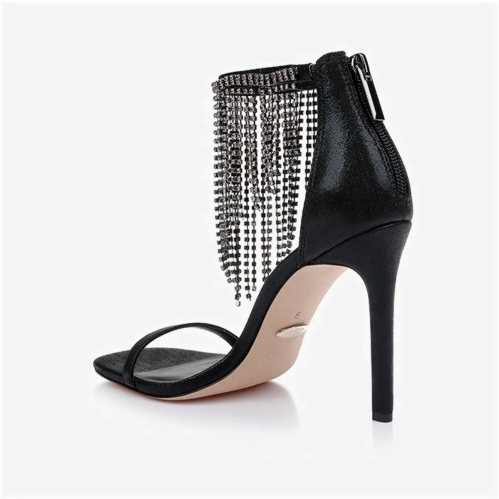 Black Shimmer Sand Fabric & Crystal Chain Stiletto Sandal - Back View