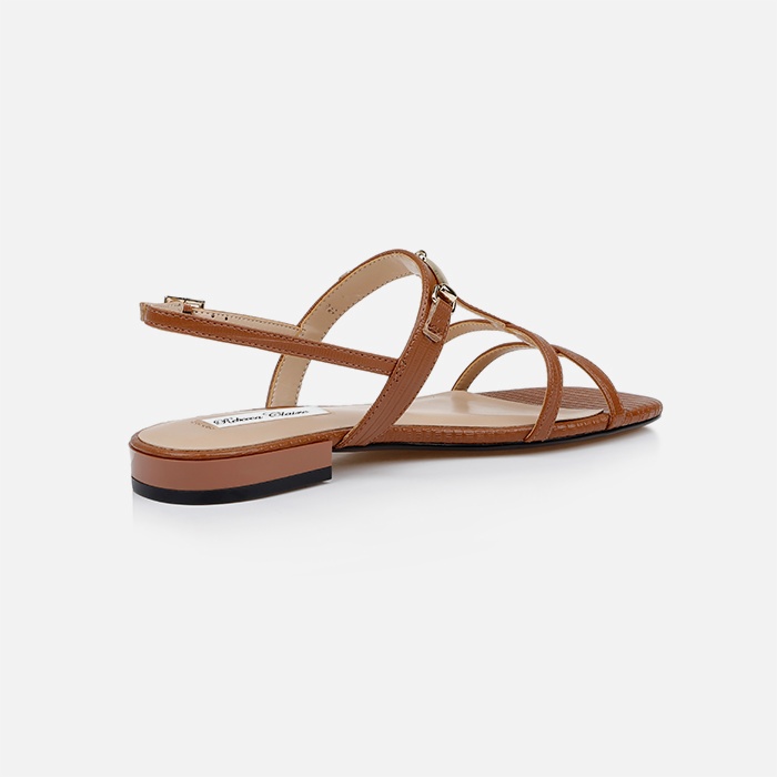 Cognac Lizard Kid Leather Flat Sandal - Back View