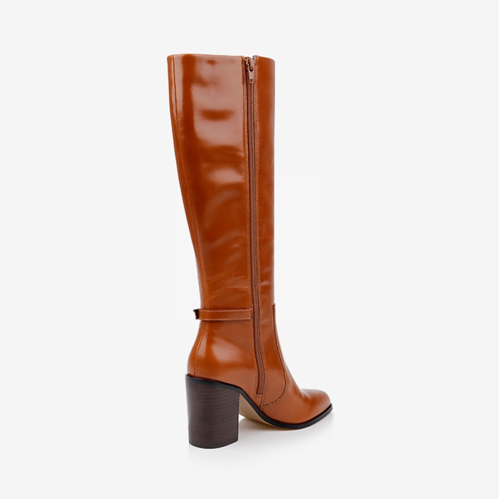 Cognac brown block heel knee boot - Back View