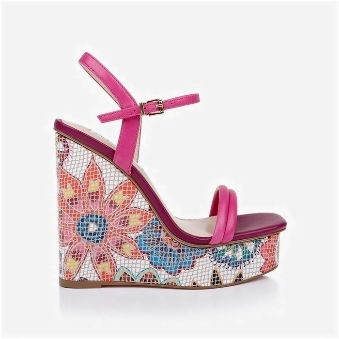 Raspberry Rose Kid Lea Wedge Sandal - Close-up View