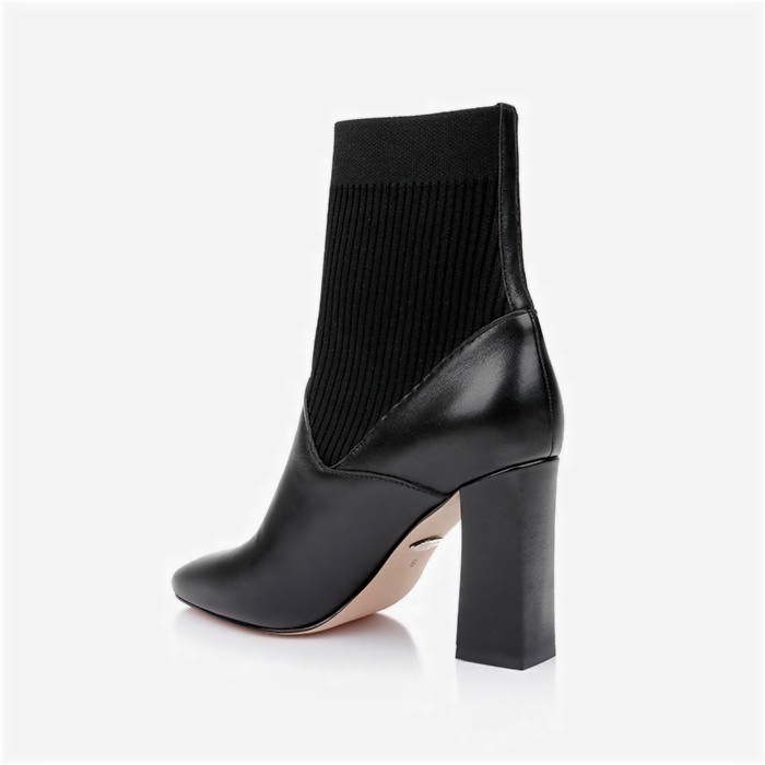 Beige Cow Leather & Knit Square Heel Boot - Back View