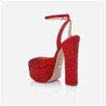 Racing Red Crystal Satin & Hotfix Block Heel Sandal - Back View
