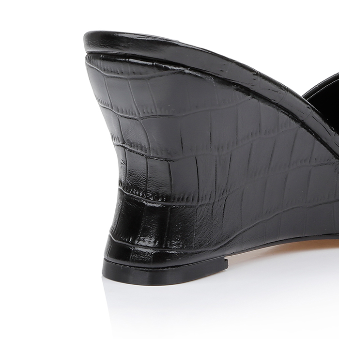 Black Croc Leather Wedge Sandal - Detail View