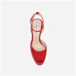 Racing Red Crystal Satin & Hotfix Block Heel Sandal - Detail View