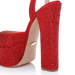Racing Red Crystal Satin & Hotfix Block Heel Sandal - Angle View
