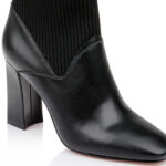 Beige Cow Leather & Knit Square Heel Boot - Close-up View