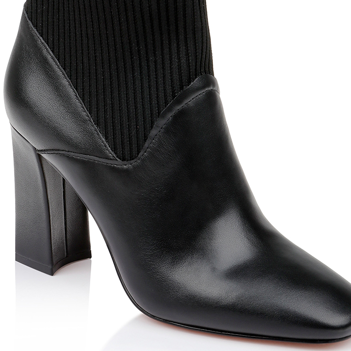 Beige Cow Leather & Knit Square Heel Boot - Close-up View