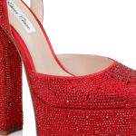 Racing Red Crystal Satin & Hotfix Block Heel Sandal - Close-up View
