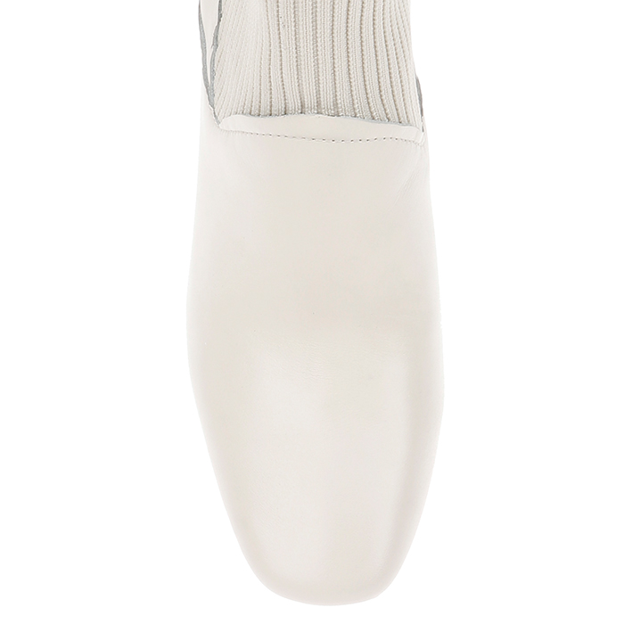 Beige Cow Leather & Knit Square Heel Boot - Side View