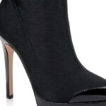 Black Lycra & Patent Leather Stiletto Pointed Toe Boot - Angle View