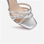 Silver Metallic Kid Leather Block Heel Sandal - Angle View