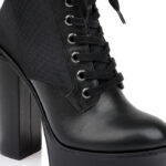 Black Cow Leather & Fabric Block Heel Boot - Close-up View