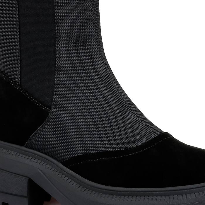 Black Cow Suede & Fabric Squared Toe Booty - Close-up View