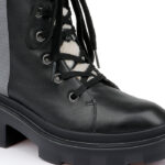 Black Cow Leather & Silver Fabric Lace up Booty - Close-up View