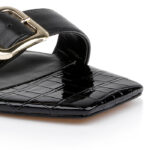 Black Kid Leather Flat Sandal - Close-up View