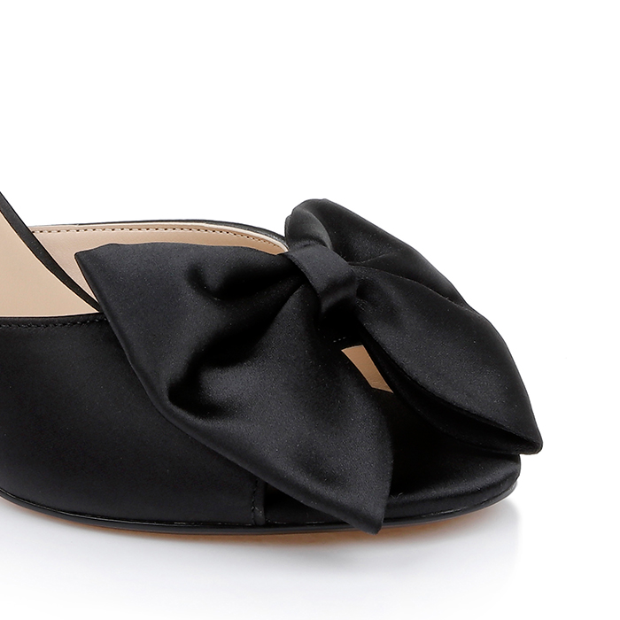 Black Satin Bow Sandal - Close-up View