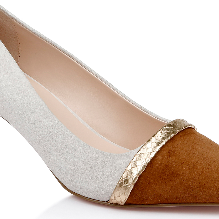 Cream Mixed Kid Suede Middle Heel Pump - Back View