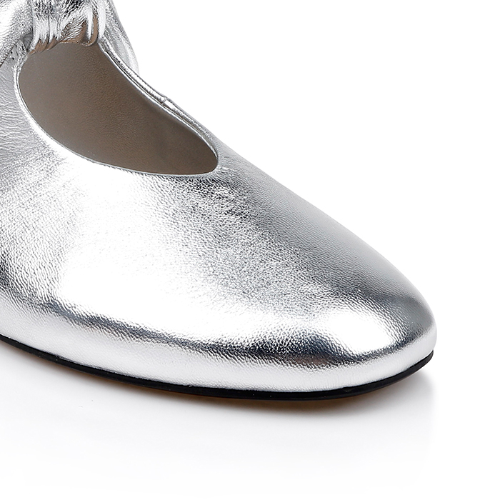 Metallic Silver Flat With Bow - Close-up View