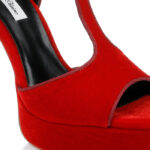Racing Red Pleuche High Heel Sandal - Close-up View