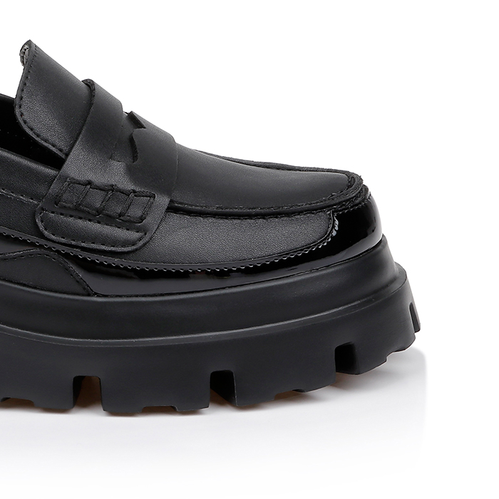 Shiny Black Synthetic Leather Loafer - Close-up View