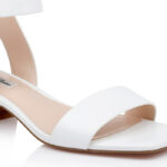 White Kid Lea Stacked Heel Sandal - Close-up View