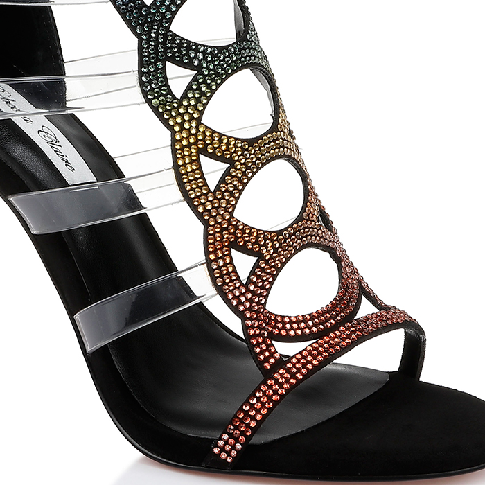 Black Microsuede & Rainbow Hotfix Stiletto Sandal - Main View