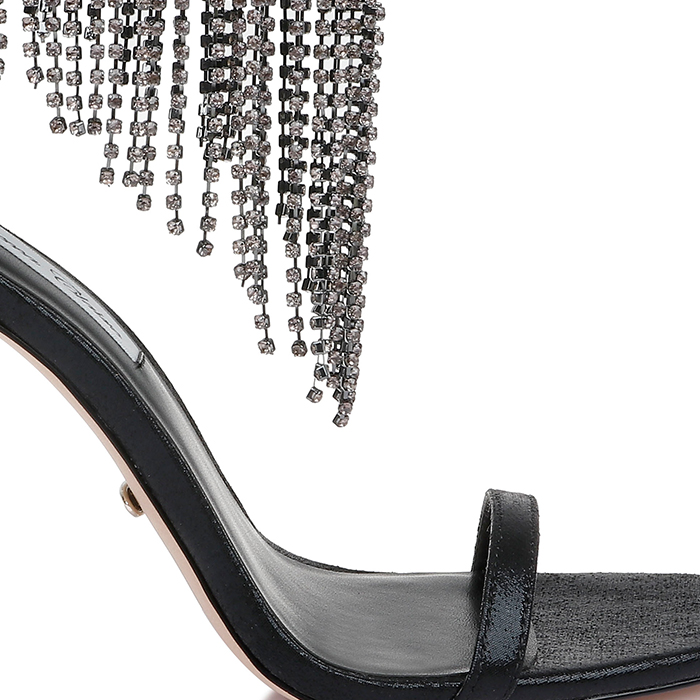 Black Shimmer Sand Fabric & Crystal Chain Stiletto Sandal - Main View