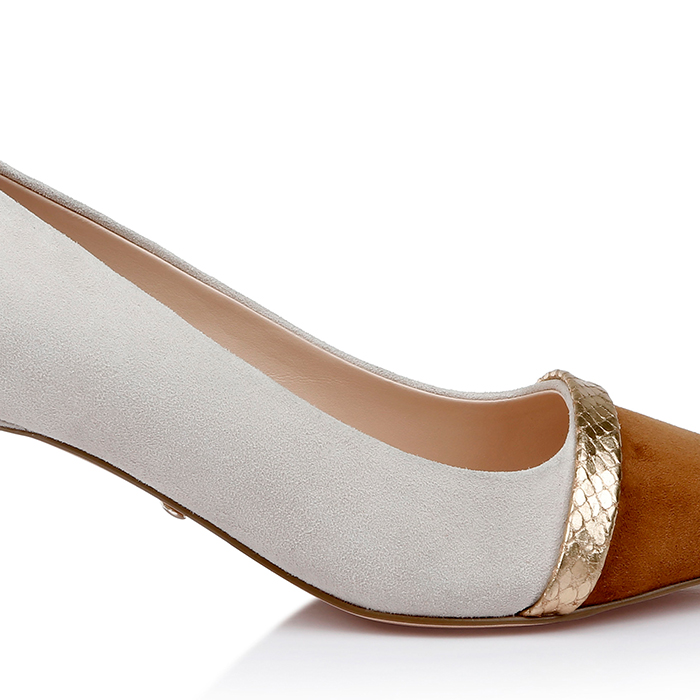 Cream Mixed Kid Suede Middle Heel Pump - Detail View