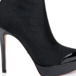 Black Lycra & Patent Leather Stiletto Pointed Toe Boot - Side View
