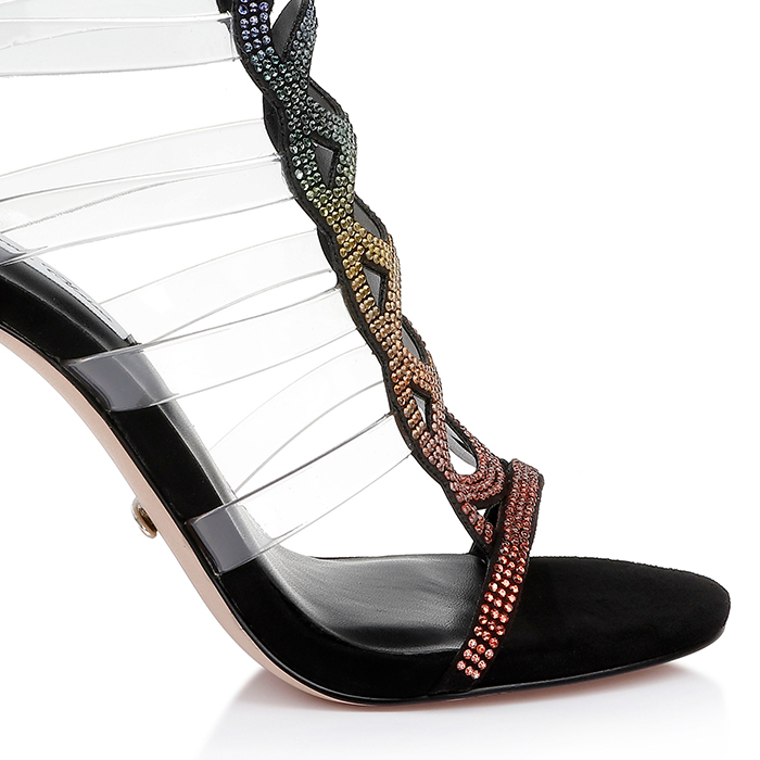 Black Microsuede & Rainbow Hotfix Stiletto Sandal - Side View
